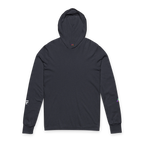 Heather Navy hooded long sleeve tee, crossover V-neckline, space flight graphic on left sleeve, FREEBRD icon on right sleeve, front view.