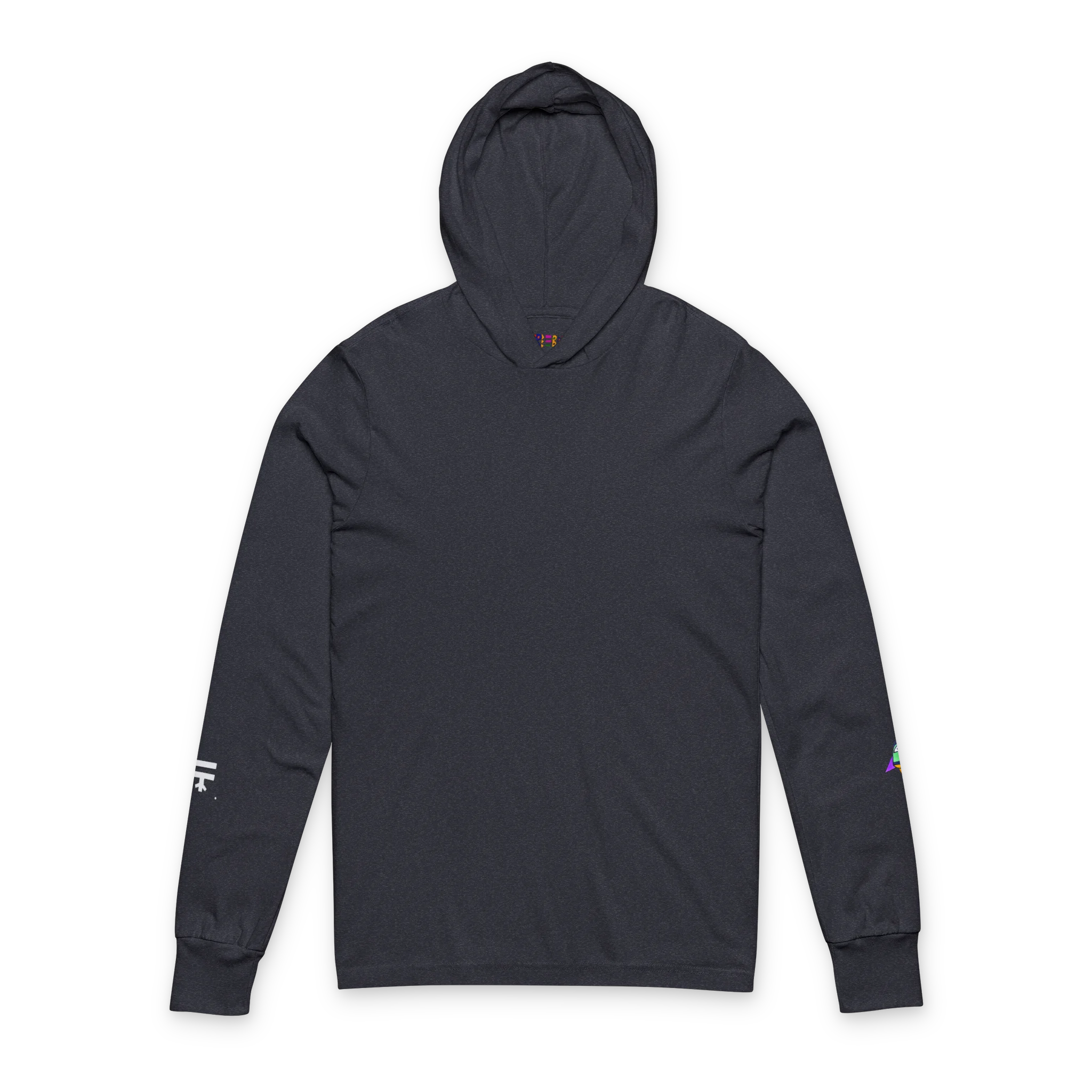 Heather Navy hooded long sleeve tee, crossover V-neckline, space flight graphic on left sleeve, FREEBRD icon on right sleeve, front view.