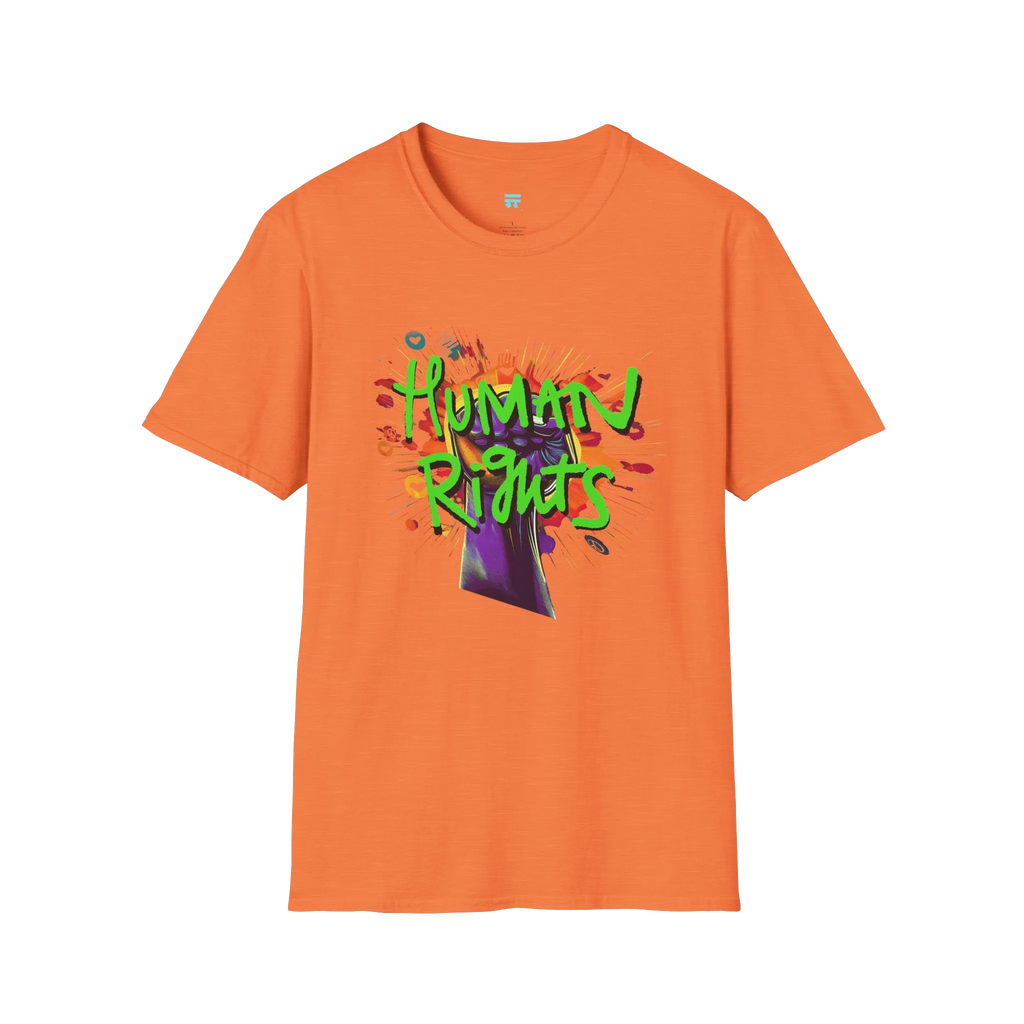 A heather orange t-shirt with a graffiti-style 'Human Rights' graphic featuring a purple fist and 'human rights' in lime green with a black shadow.