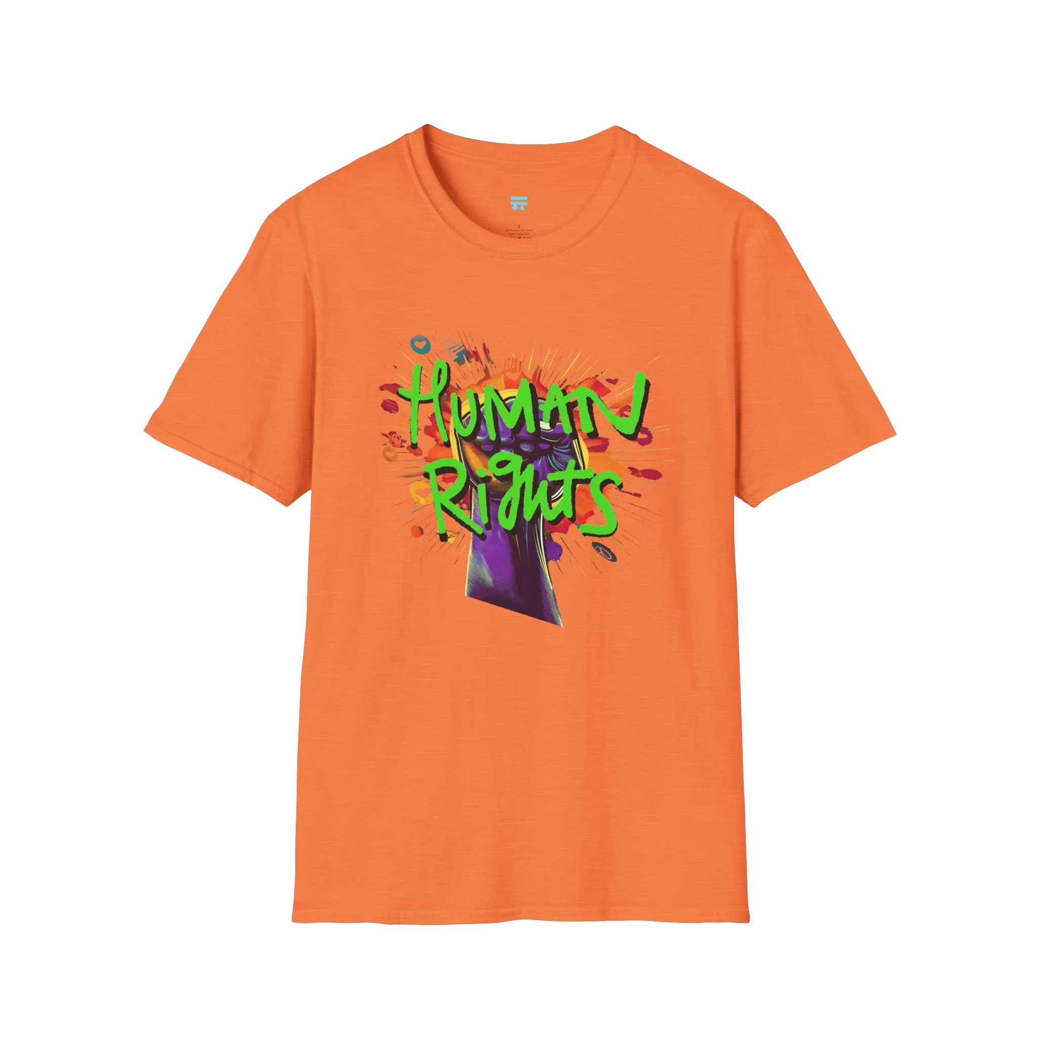 A heather orange t-shirt with a graffiti-style 'Human Rights' graphic featuring a purple fist and 'human rights' in lime green with a black shadow.