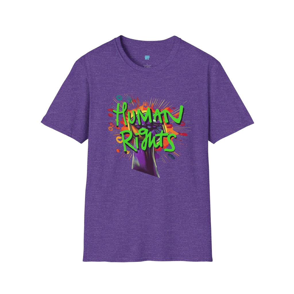 A heather purple t-shirt with a graffiti-style 'Human Rights' graphic featuring a purple fist and 'human rights' in lime green with a black shadow.