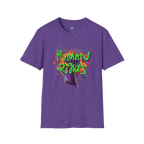 A heather purple t-shirt with a graffiti-style 'Human Rights' graphic featuring a purple fist and 'human rights' in lime green with a black shadow.
