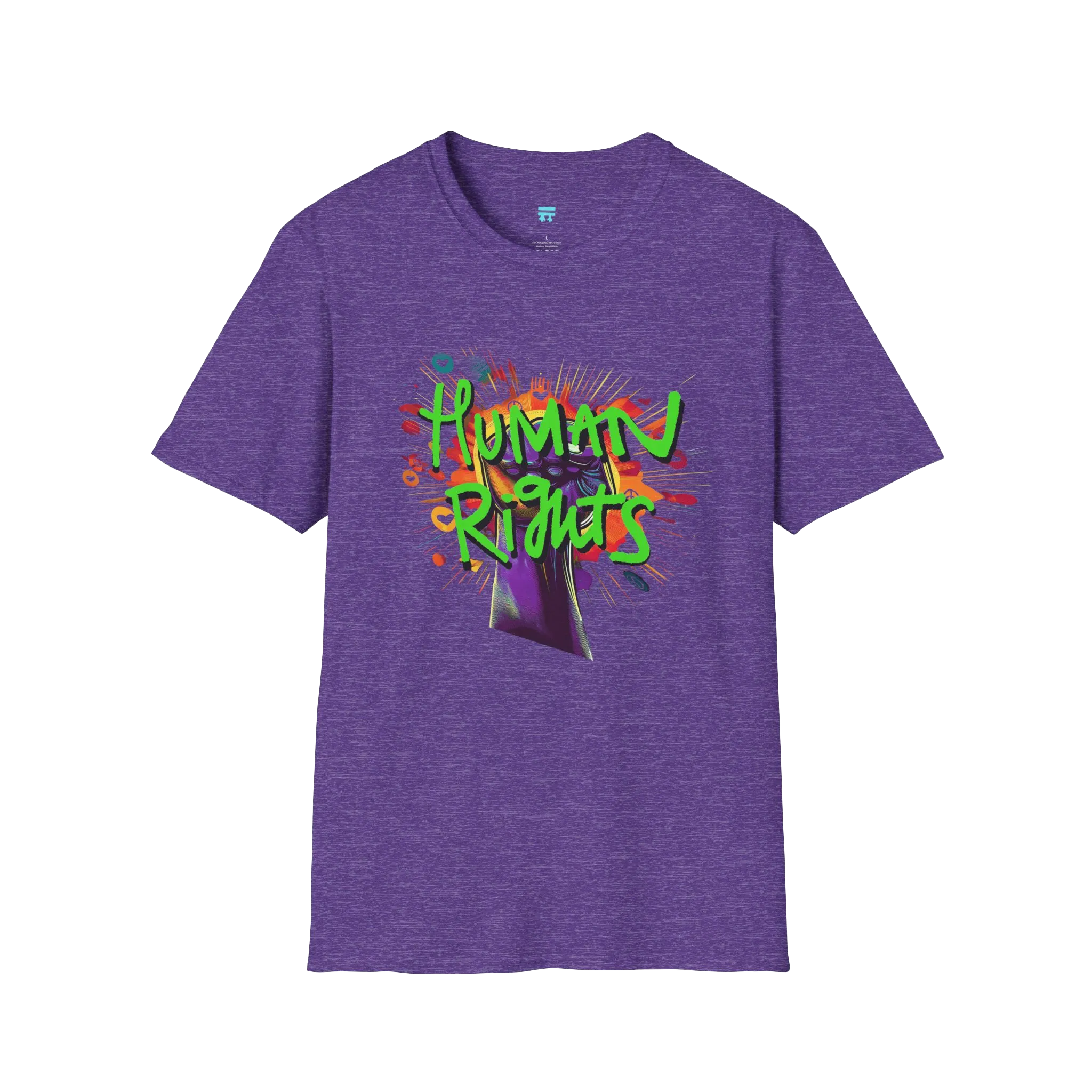 A heather purple t-shirt with a graffiti-style 'Human Rights' graphic featuring a purple fist and 'human rights' in lime green with a black shadow.