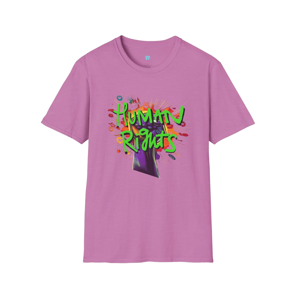 A heather radiant orchid t-shirt with a graffiti-style 'Human Rights' graphic featuring a purple fist and 'human rights' in lime green with a black shadow.