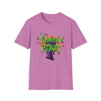A heather radiant orchid t-shirt with a graffiti-style 'Human Rights' graphic featuring a purple fist and 'human rights' in lime green with a black shadow.