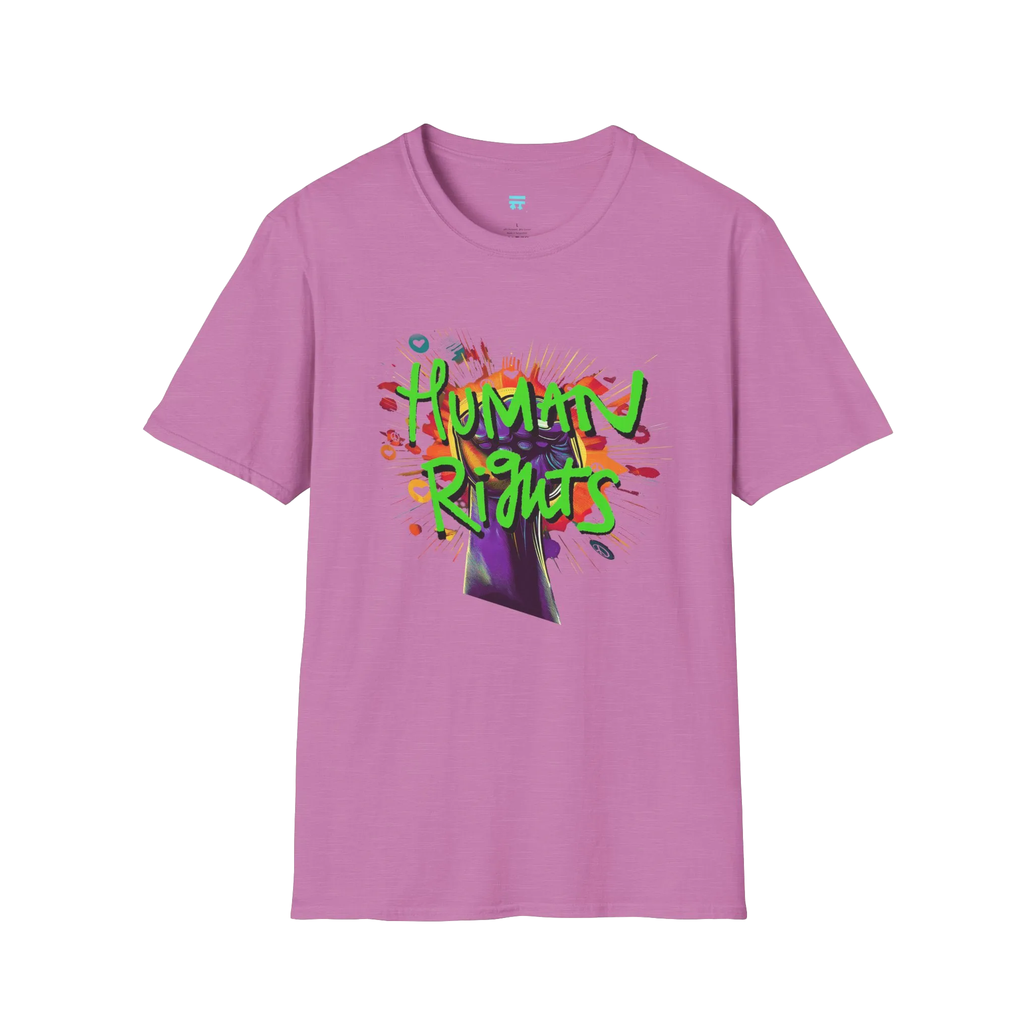 A heather radiant orchid t-shirt with a graffiti-style 'Human Rights' graphic featuring a purple fist and 'human rights' in lime green with a black shadow.