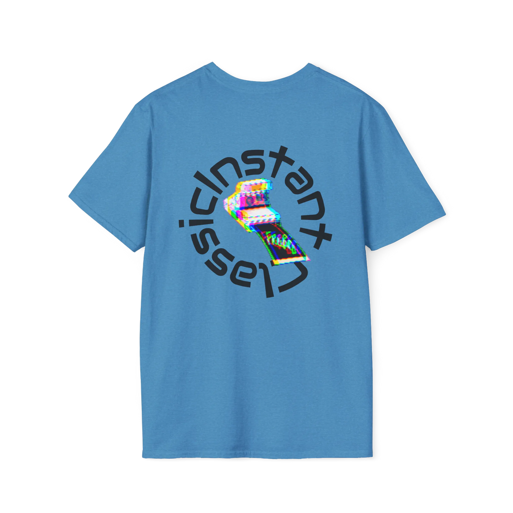 A heather sapphire t-shirt featuring a glitch art polaroid camera with Instant Classic circular text graphic on the back.