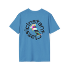 A heather sapphire t-shirt featuring a glitch art polaroid camera with Instant Classic circular text graphic on the back.