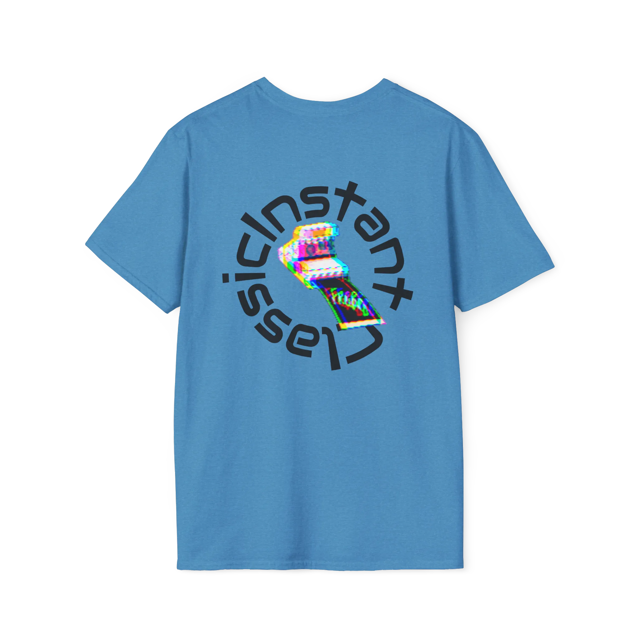 A heather sapphire t-shirt featuring a glitch art polaroid camera with Instant Classic circular text graphic on the back.