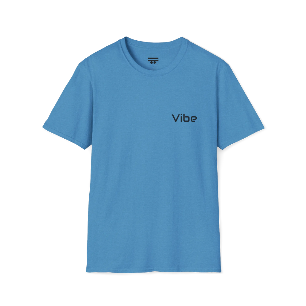  A heather sapphire t-shirt with a white Vibe wordmark on the left chest.