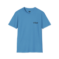  A heather sapphire t-shirt with a white Vibe wordmark on the left chest.