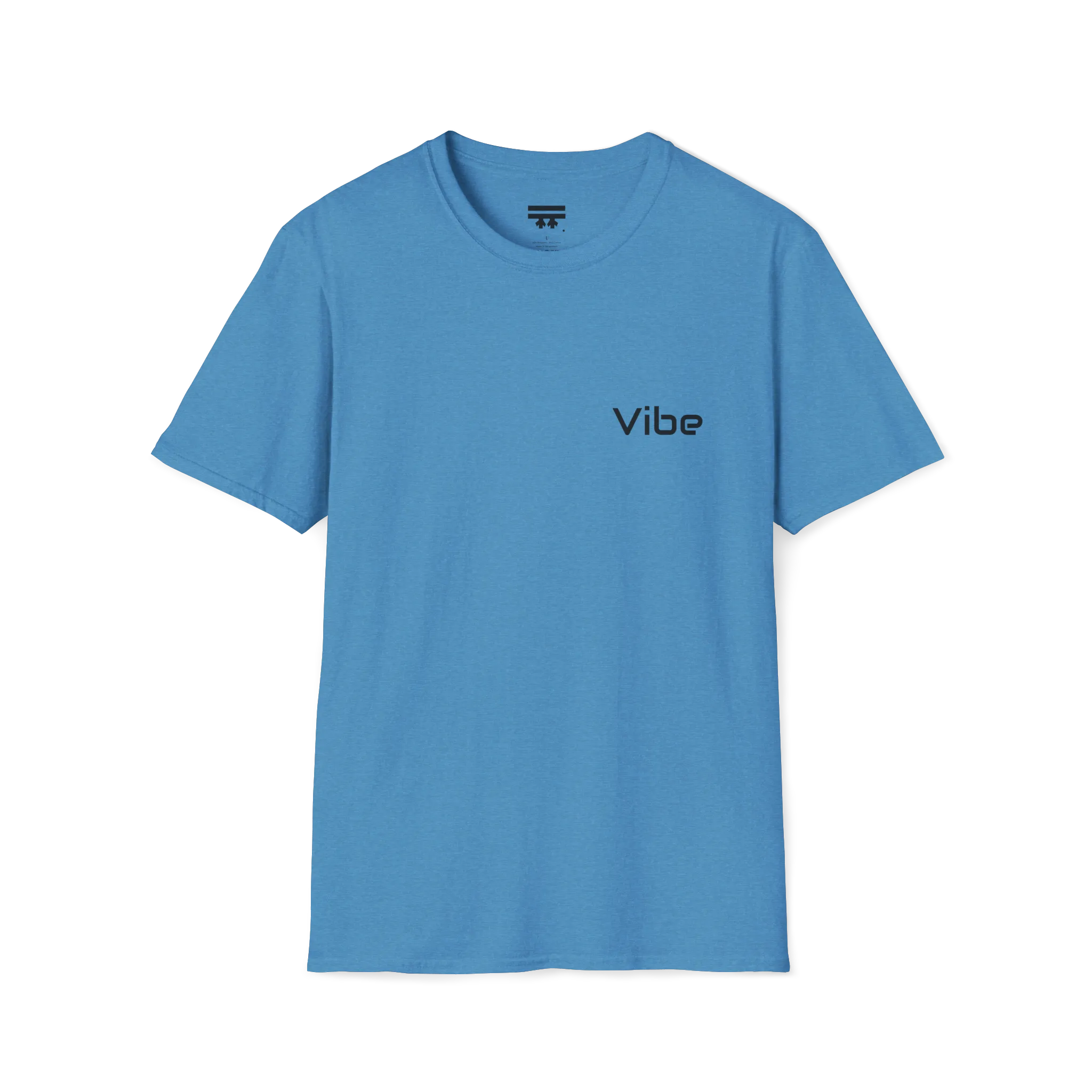  A heather sapphire t-shirt with a white Vibe wordmark on the left chest.