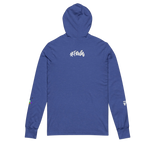 Heather True Royal hooded long sleeve tee, white FREEBRD script back graphic, space flight alien astronaut sleeve detail, back view.