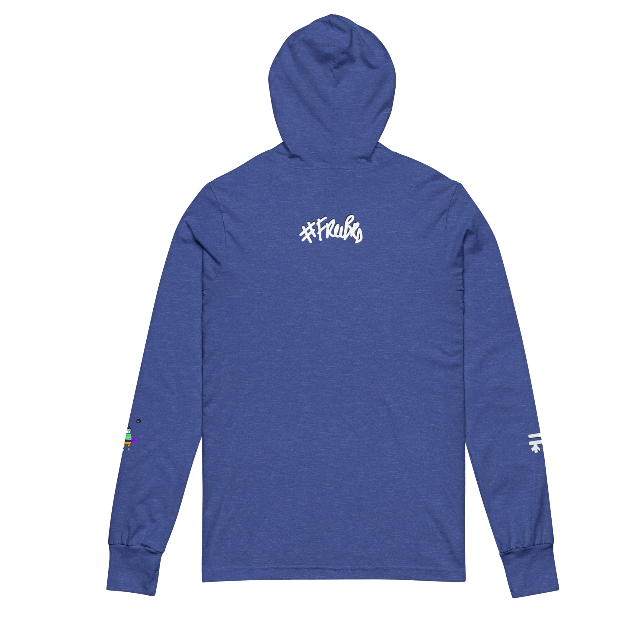 Heather True Royal hooded long sleeve tee, white FREEBRD script back graphic, space flight alien astronaut sleeve detail, back view.