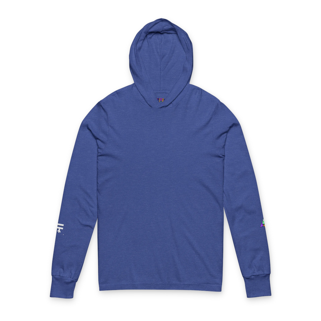Heather True Royal hooded long sleeve tee, crossover V-neckline, space flight graphic on left sleeve, FREEBRD icon on right sleeve, front view.