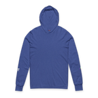 Heather True Royal hooded long sleeve tee, crossover V-neckline, space flight graphic on left sleeve, FREEBRD icon on right sleeve, front view.