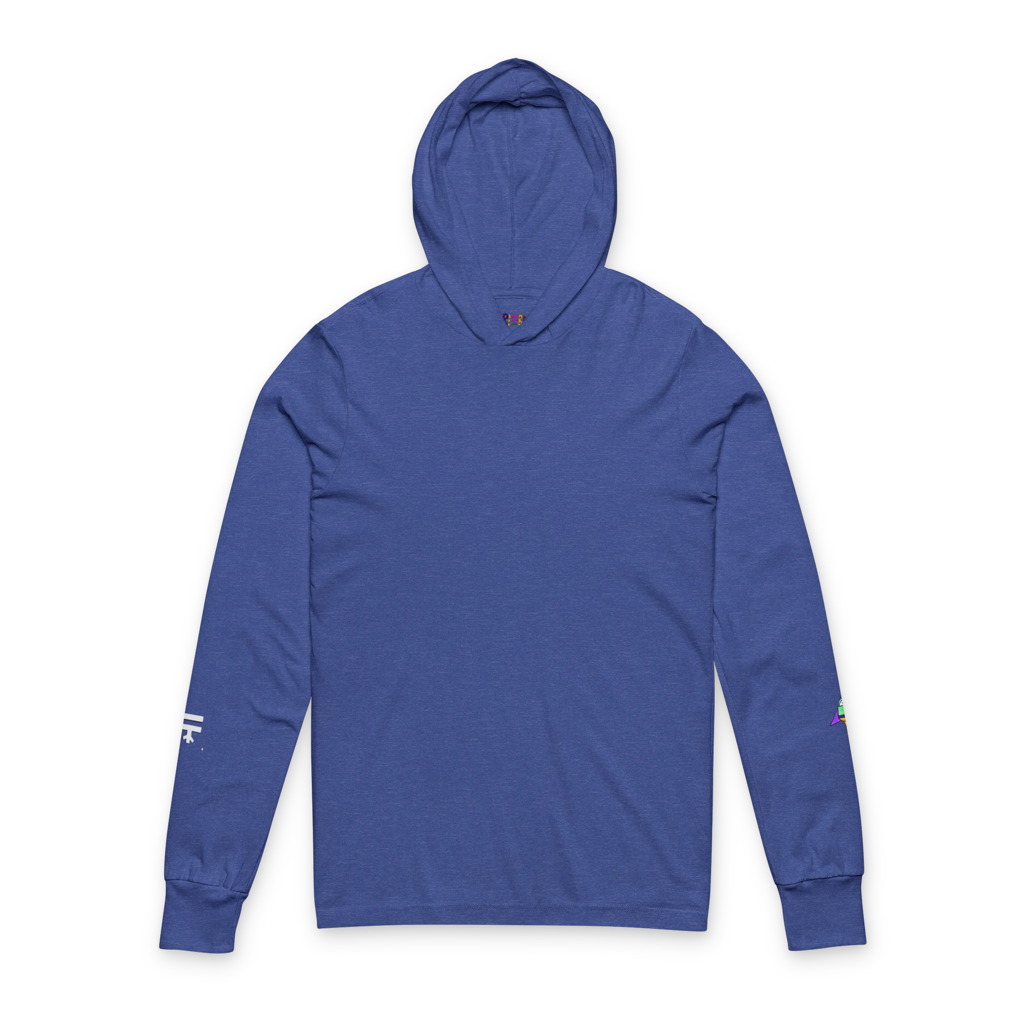 Heather True Royal hooded long sleeve tee, crossover V-neckline, space flight graphic on left sleeve, FREEBRD icon on right sleeve, front view.