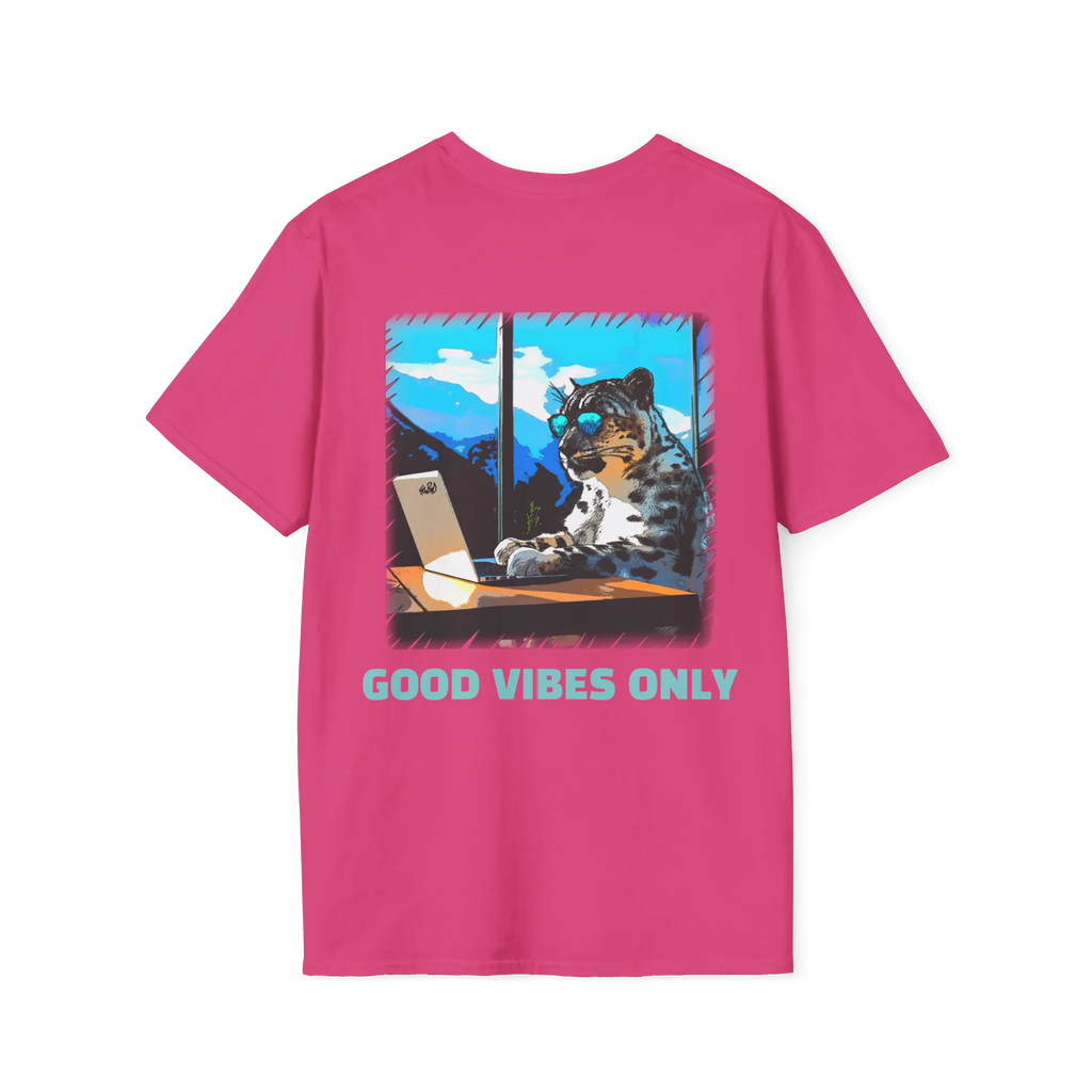 A heliconia pink t-shirt featuring a snow leopard in sunglasses at a laptop graphic with teal Good Vibes Only text on the back.