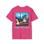 A heliconia pink t-shirt featuring a snow leopard in sunglasses at a laptop graphic with teal Good Vibes Only text on the back.