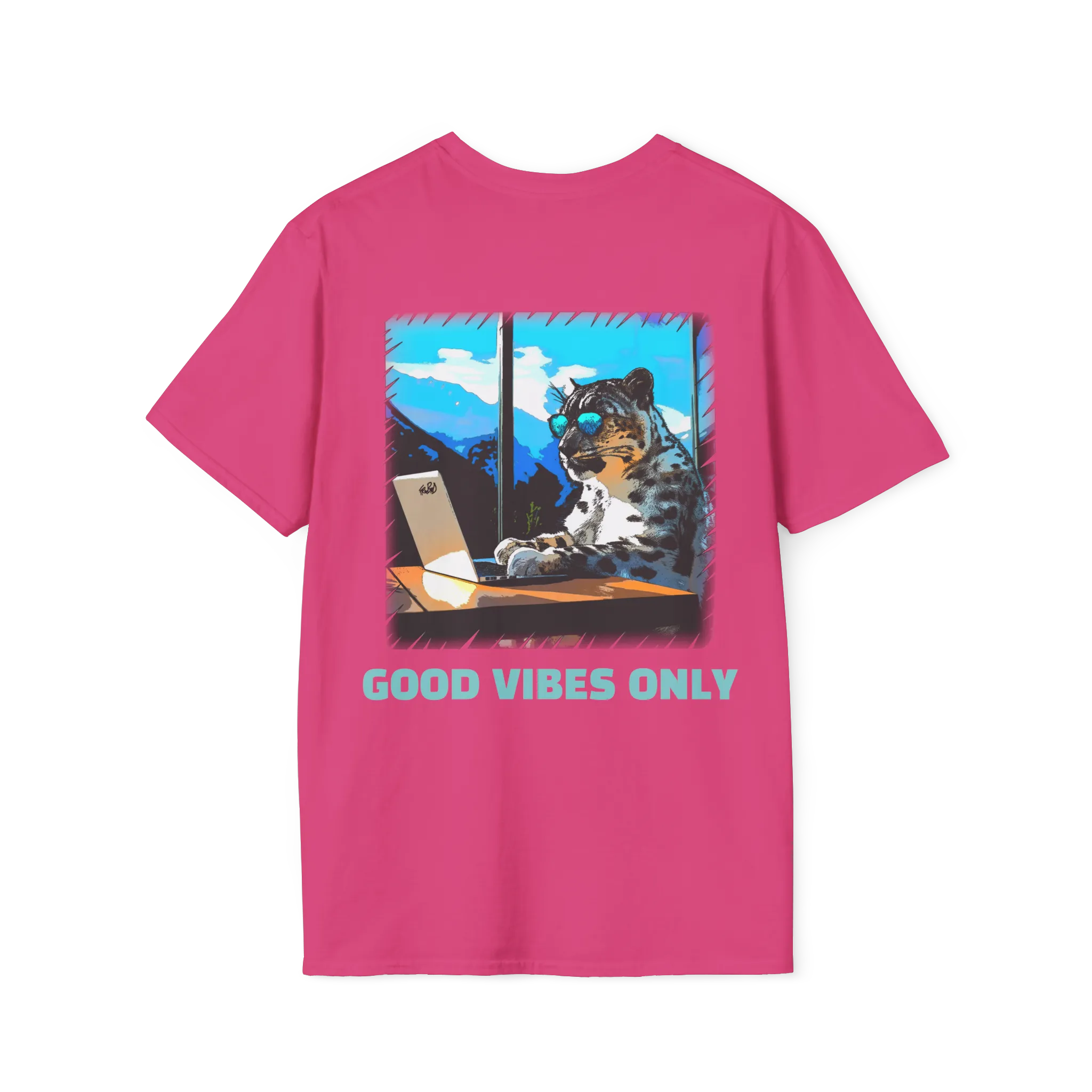 A heliconia pink t-shirt featuring a snow leopard in sunglasses at a laptop graphic with teal Good Vibes Only text on the back.