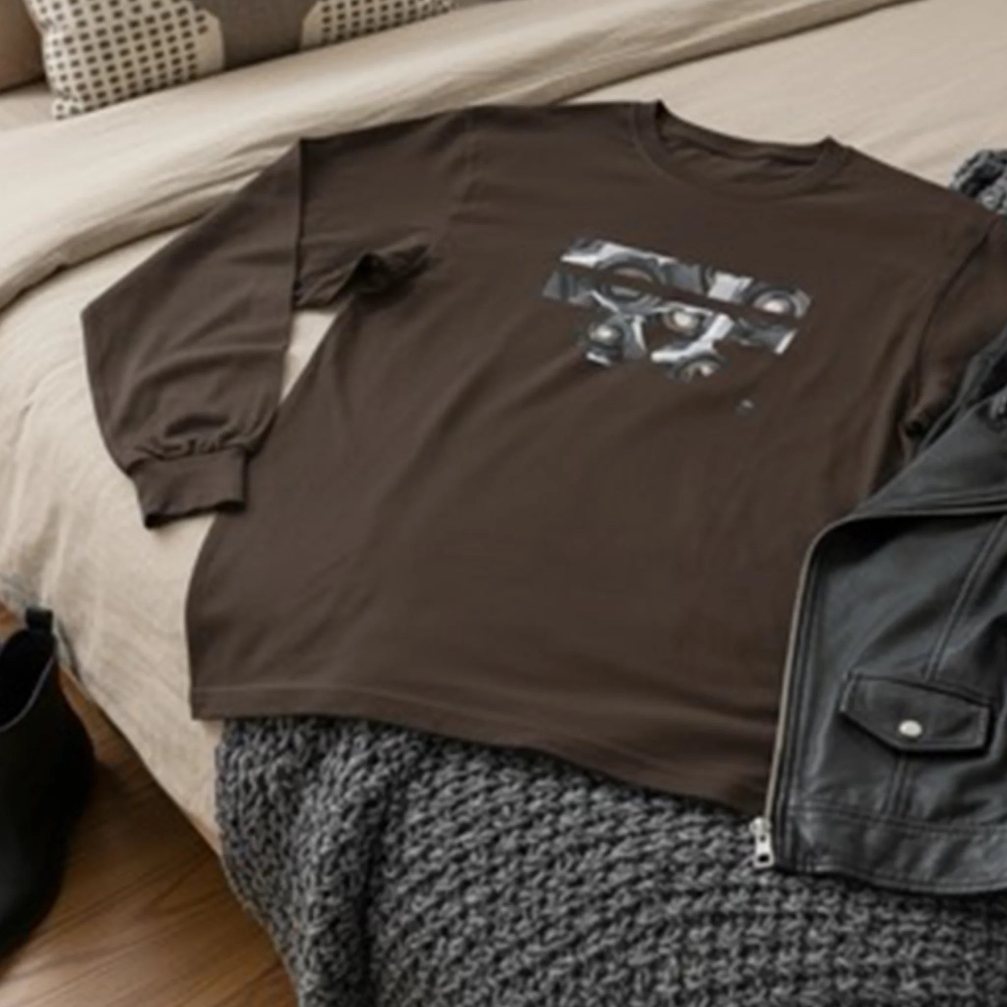 Dark Chocolate Retro Camera FREEBRD logo long sleeve tee, flat lay with leather jacket and ankle boots, bedroom lifestyle.