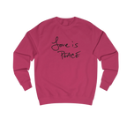 Hot Pink Love is Peace crewneck sweatshirt, handwritten Love is Peace graphic, crew neck, front view.