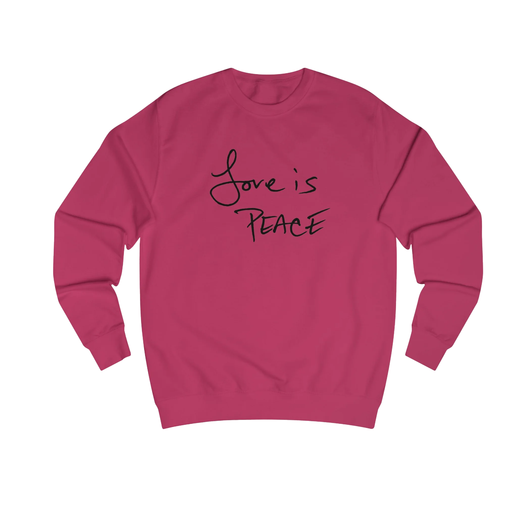 Hot Pink Love is Peace crewneck sweatshirt, black print, front view.