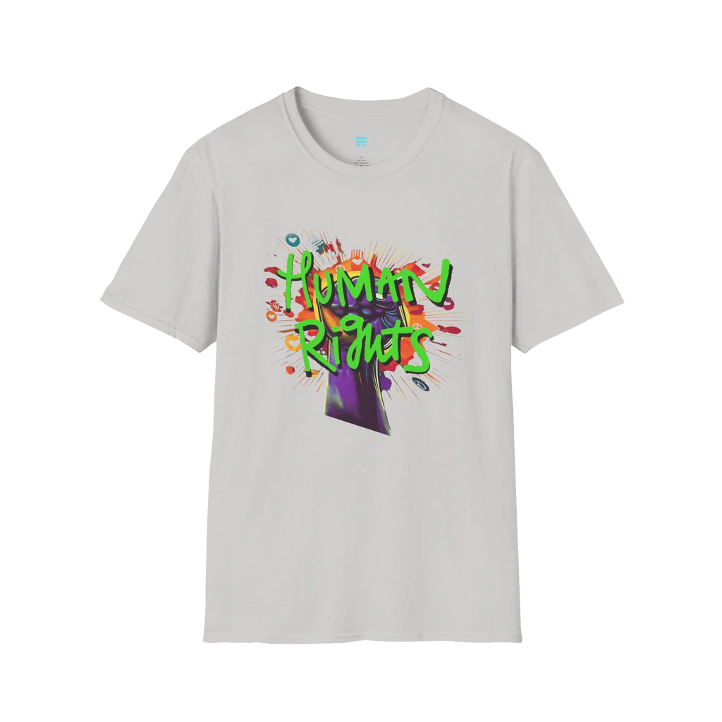 An ice grey t-shirt with a graffiti-style 'Human Rights' graphic featuring a purple fist and 'human rights' in lime green with a black shadow.