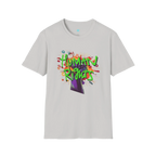 An ice grey t-shirt with a graffiti-style 'Human Rights' graphic featuring a purple fist and 'human rights' in lime green with a black shadow.
