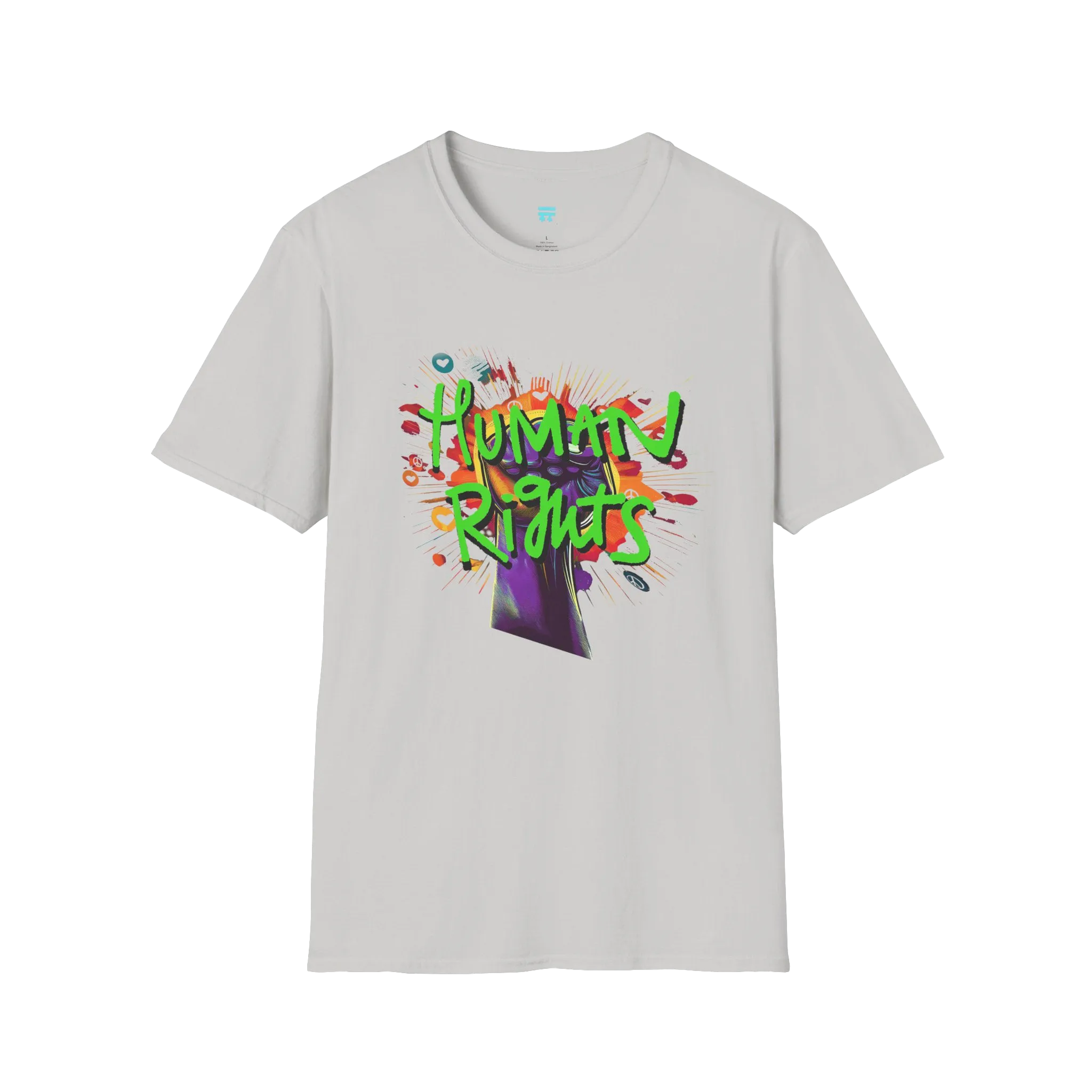 An ice grey t-shirt with a graffiti-style 'Human Rights' graphic featuring a purple fist and 'human rights' in lime green with a black shadow.