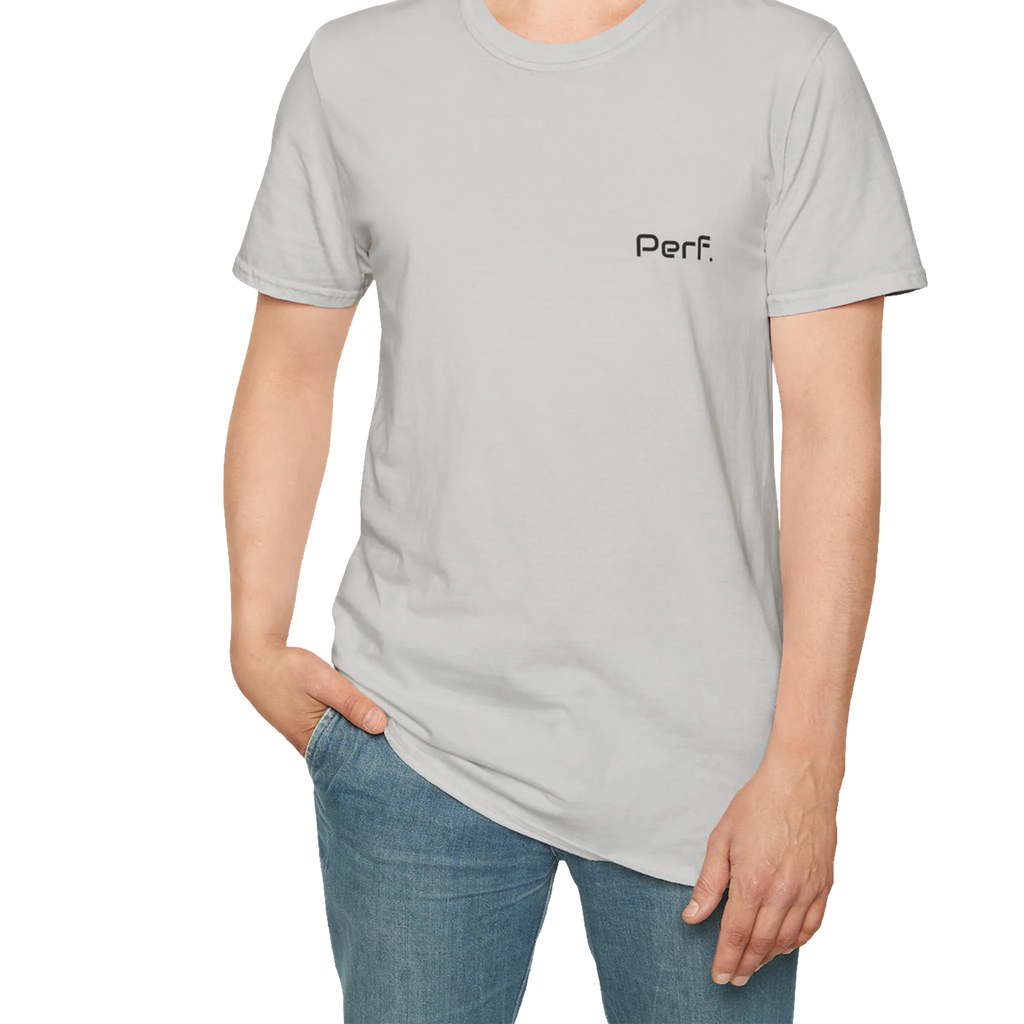 A person wearing the ice grey perf retro graphic t-shirt in an outfit styling.