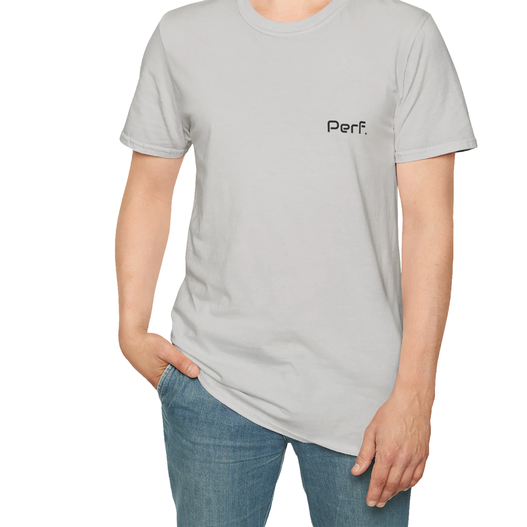 A person wearing the ice grey perf retro graphic t-shirt in an outfit styling.