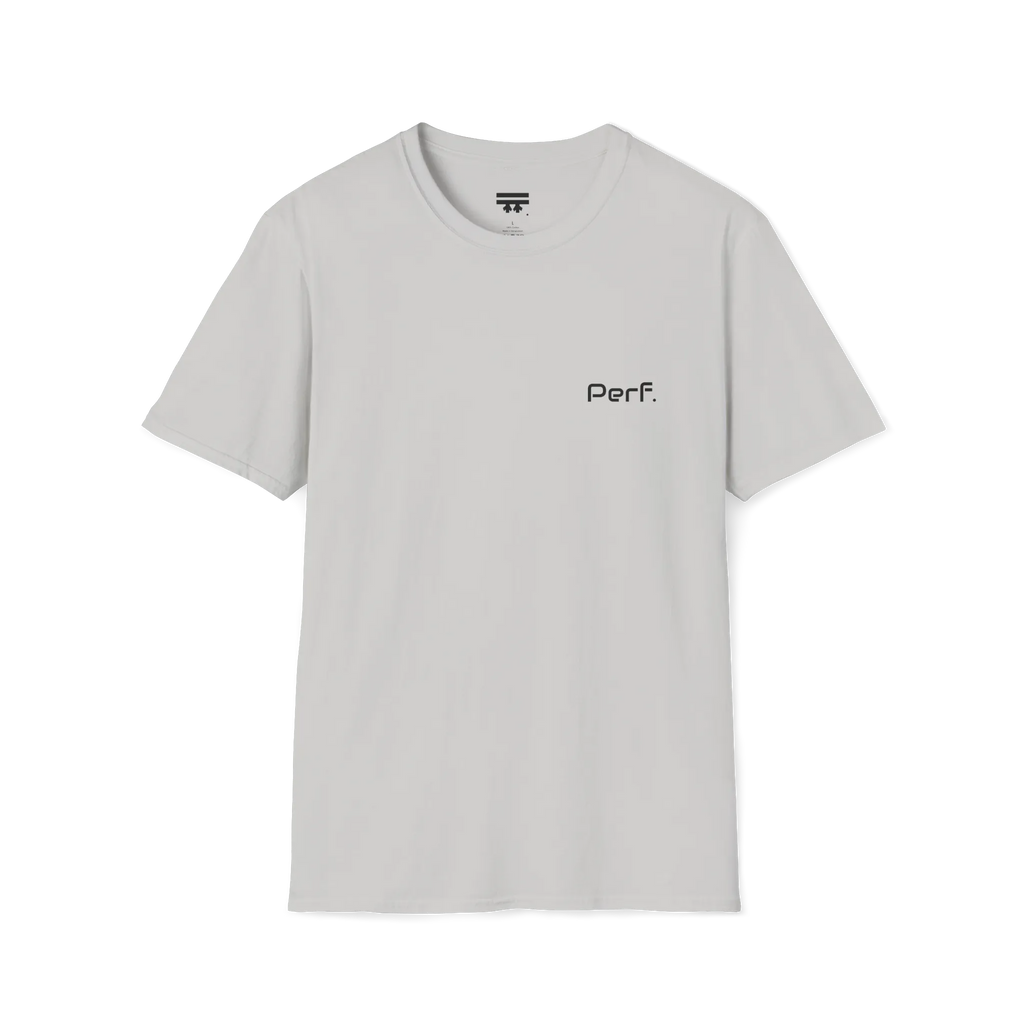 An ice grey perf retro graphic t-shirt featuring a bold 'Perf' graphic on the chest, front view.