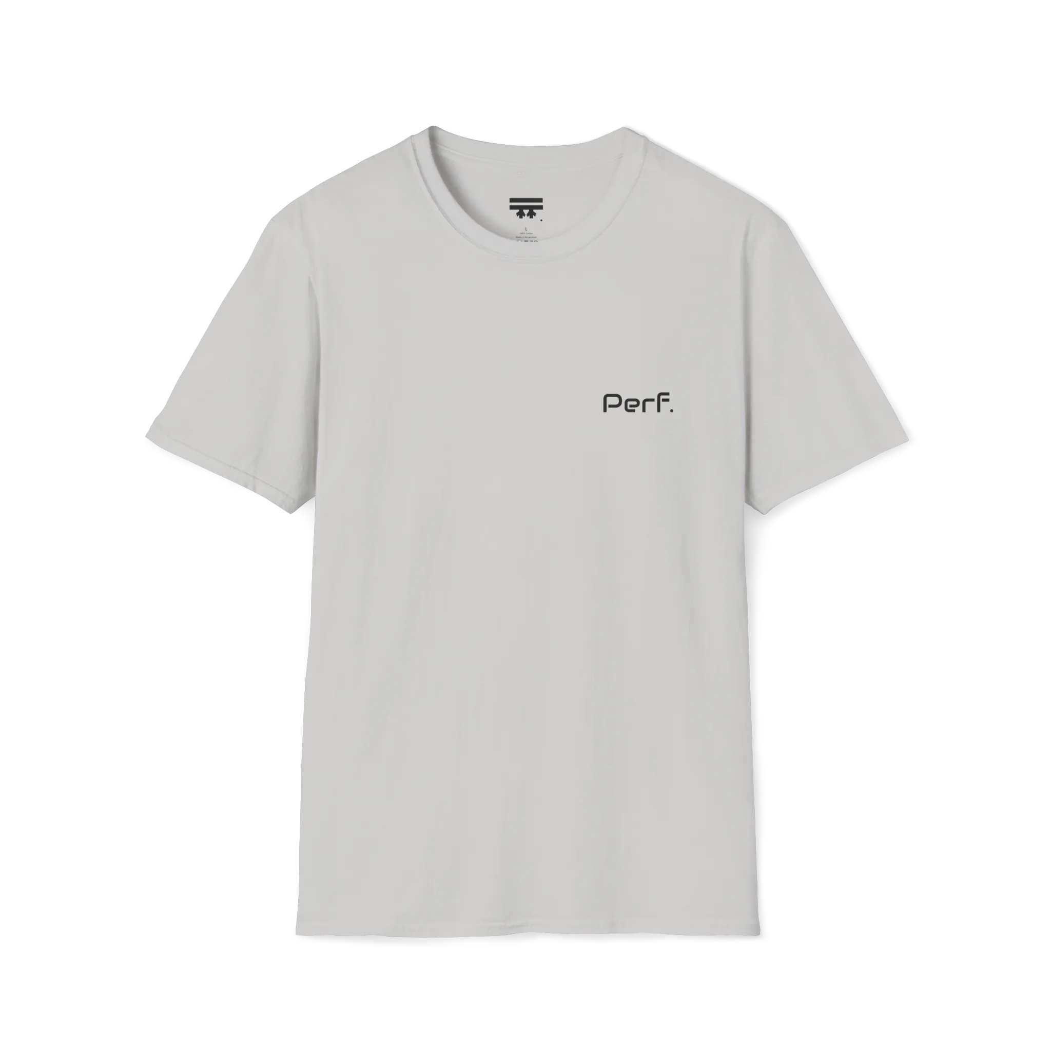 An ice grey perf retro graphic t-shirt featuring a bold 'Perf' graphic on the chest, front view.