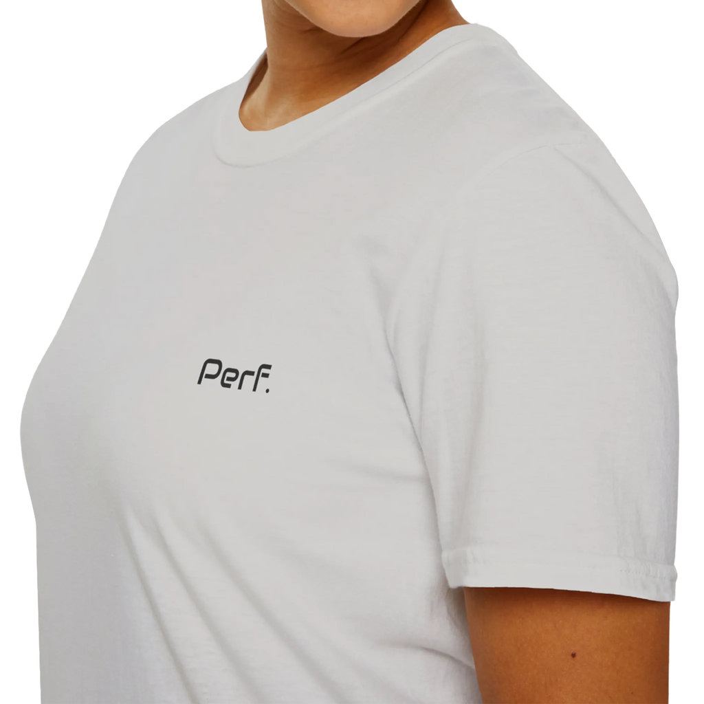 A close-up front view of the ice grey perf retro graphic t-shirt.