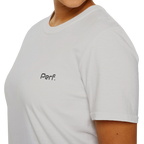 A close-up front view of the ice grey perf retro graphic t-shirt.