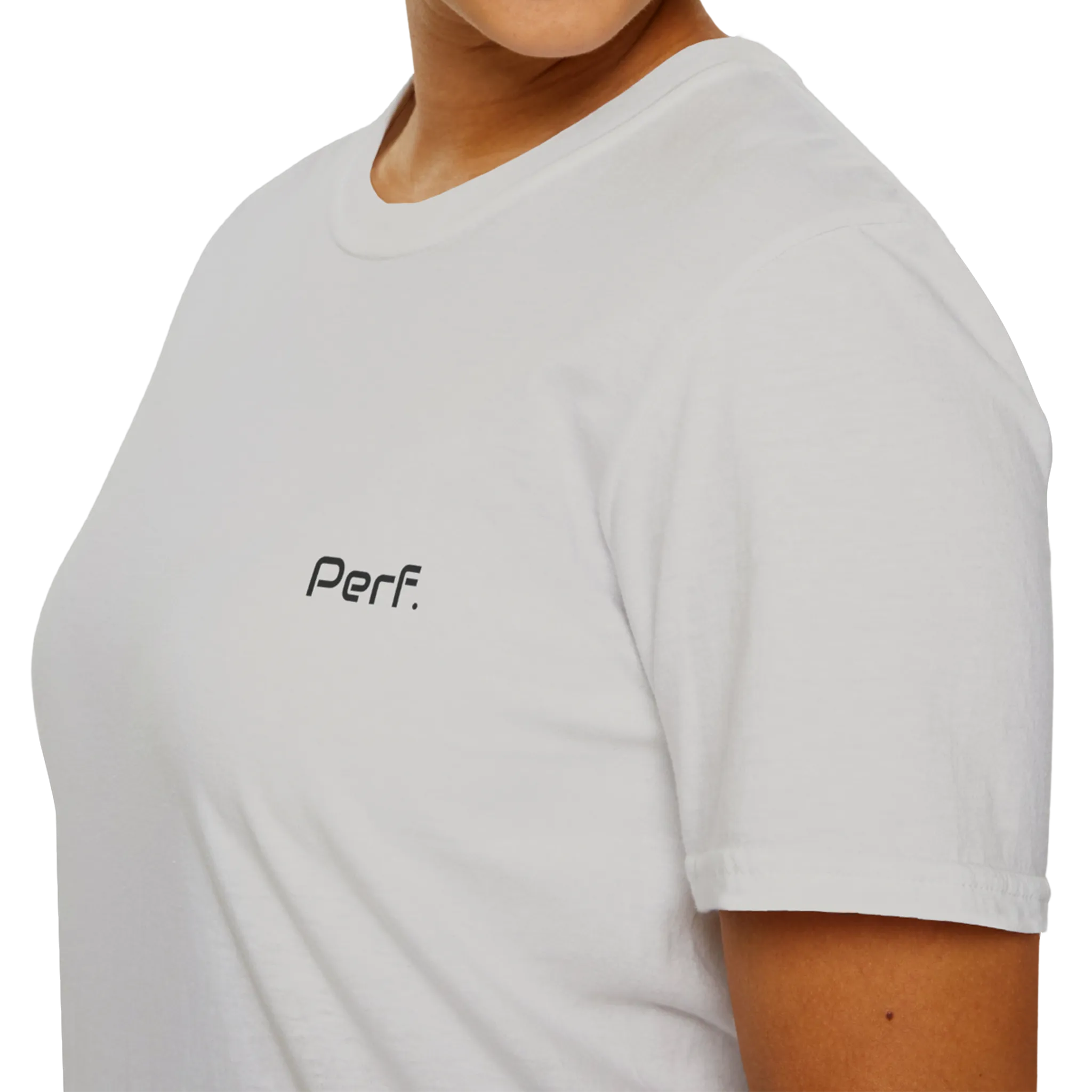 A close-up front view of the ice grey perf retro graphic t-shirt.
