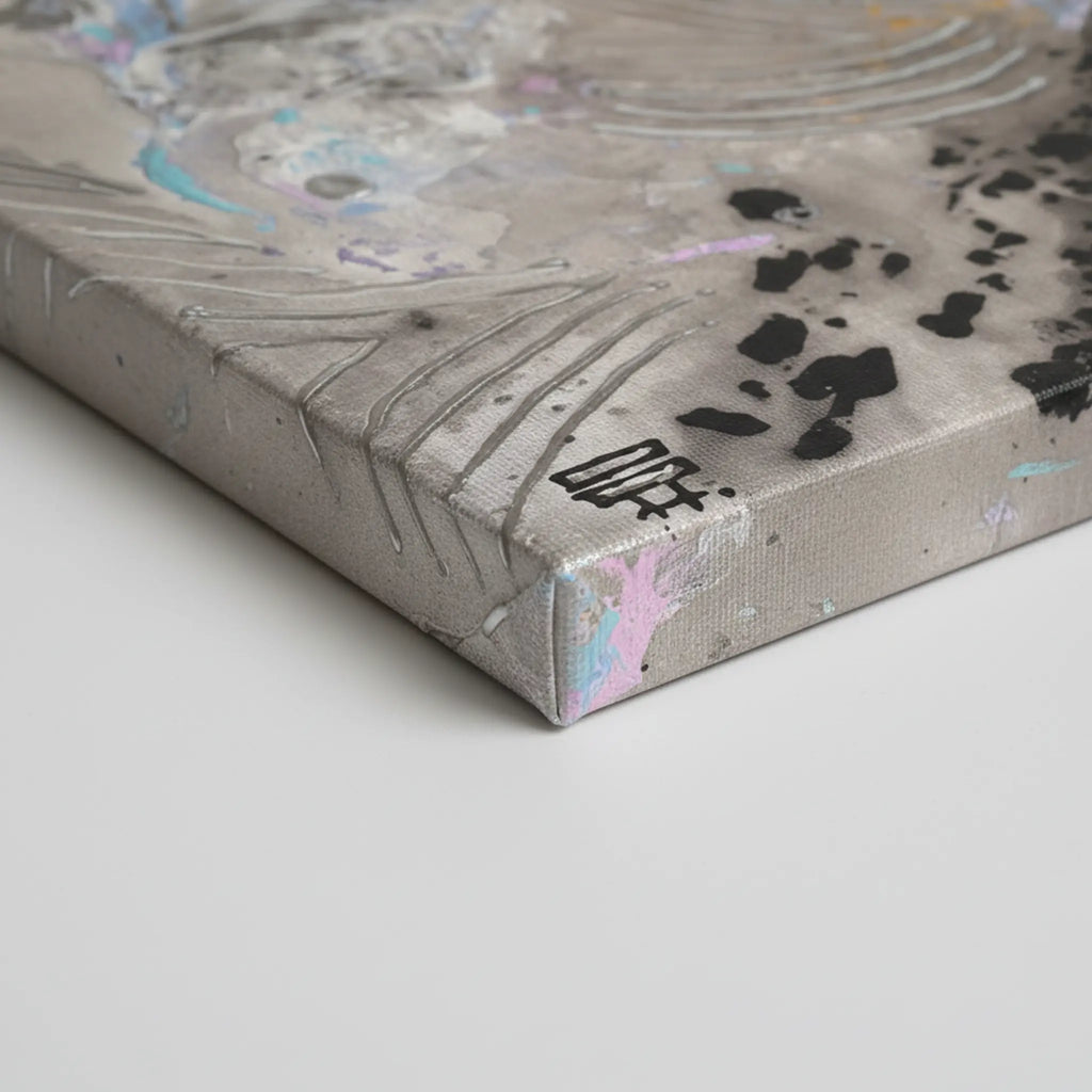 20x24 "Ink Cloud" Freebrd Abstract Canvas Wall Art — side depth shot showcasing 1.25" thick gallery-wrap canvas edge with true-to-color smoky grey, silver and black ink artwork wrapping the sides