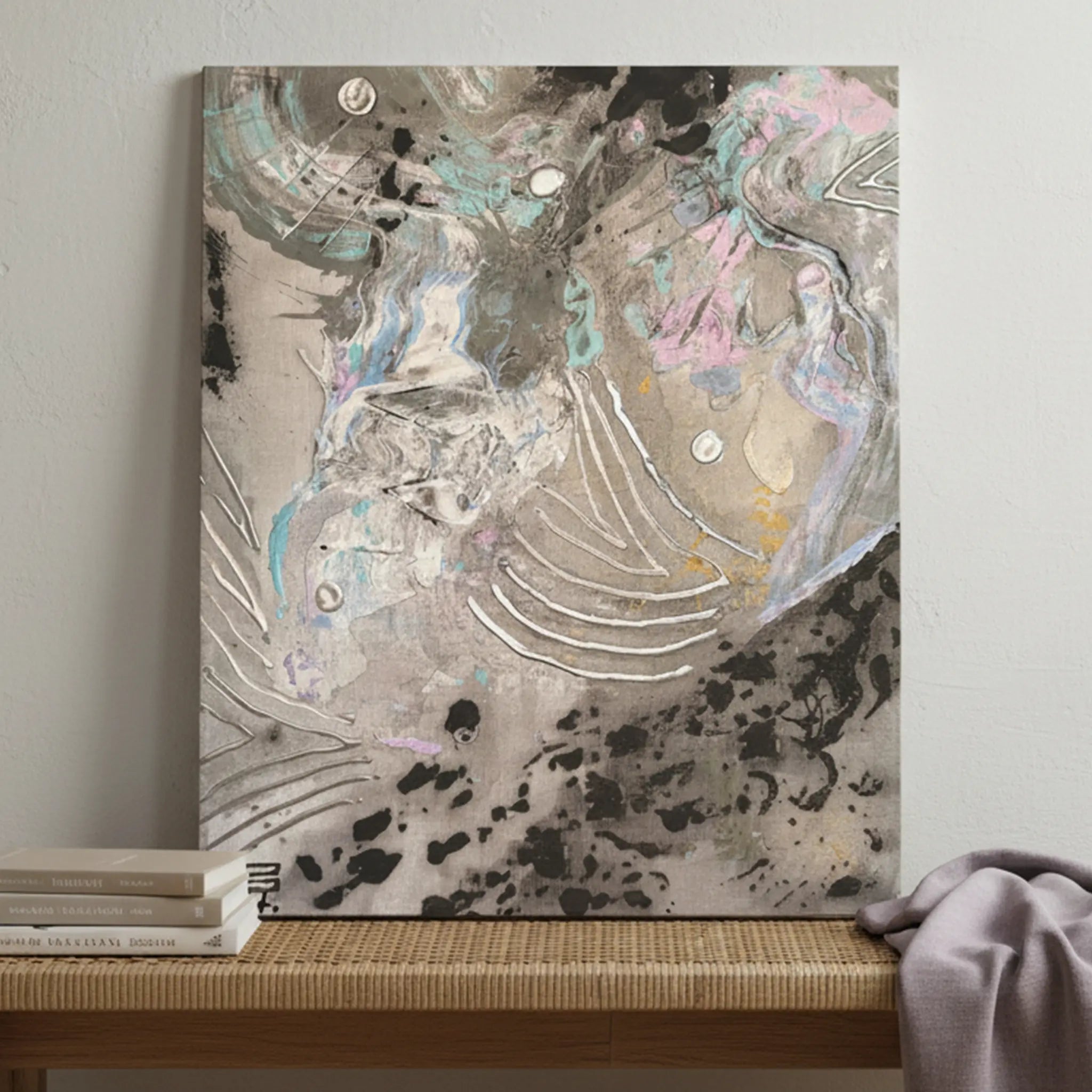 20x24 "Ink Cloud" Freebrd Abstract Canvas Wall Art — size reference shot showing unframed vertical canvas leaning against wall on wooden bench with stacked books and soft purple blanket, true to scale.