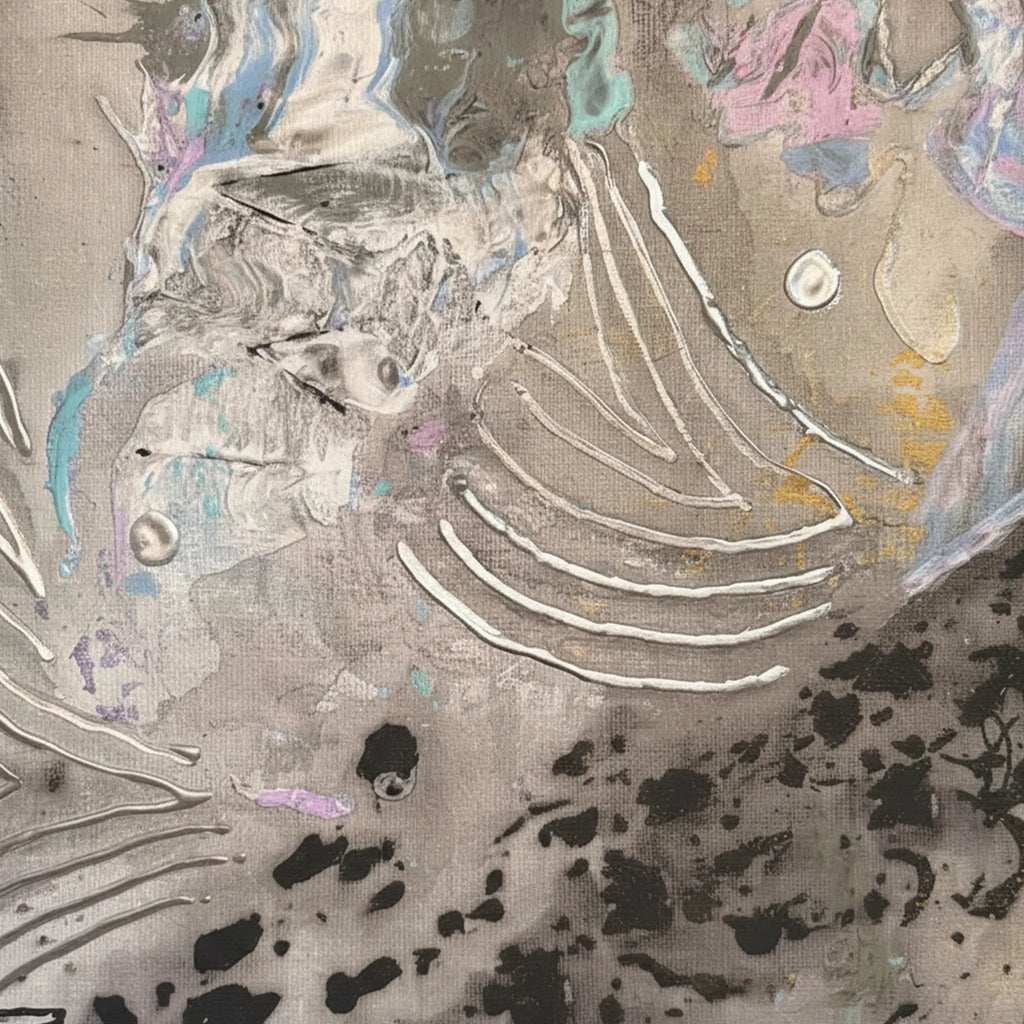 20x24 "Ink Cloud" Freebrd Abstract Canvas Wall Art — close-up macro texture shot showcasing smoky warm grey base, raised silver embossed lines, black ink splatter, powder pink, dusty teal and gold ochre accents on 1.25" deep unframed canvas.