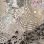 20x24 "Ink Cloud" Freebrd Abstract Canvas Wall Art — close-up macro texture shot showcasing smoky warm grey base, raised silver embossed lines, black ink splatter, powder pink, dusty teal and gold ochre accents on 1.25" deep unframed canvas.