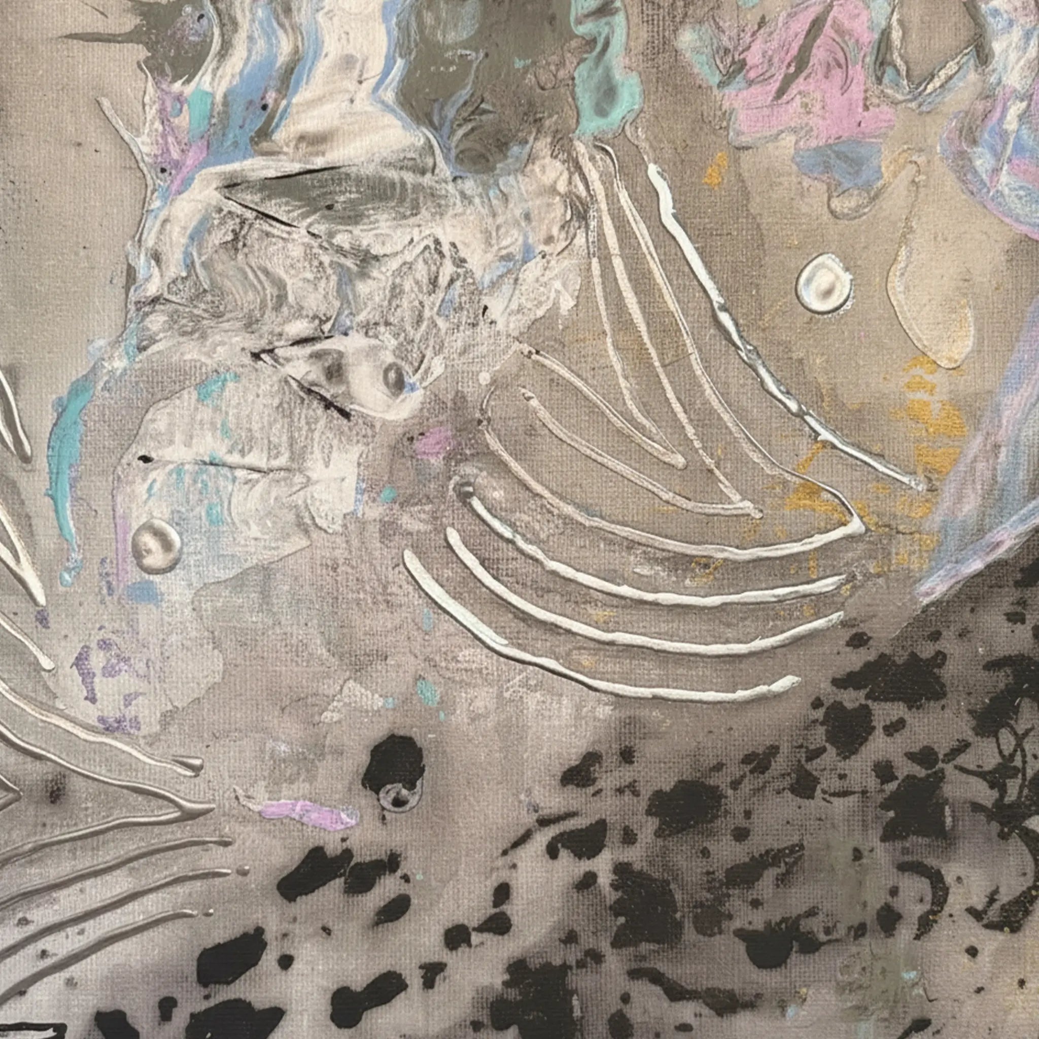 20x24 "Ink Cloud" Freebrd Abstract Canvas Wall Art — close-up macro texture shot showcasing smoky warm grey base, raised silver embossed lines, black ink splatter, powder pink, dusty teal and gold ochre accents on 1.25" deep unframed canvas.