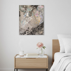 “Ink Cloud” Abstract Canvas Wall Art hanging on a wall in a modern bedroom above a nightstand. 