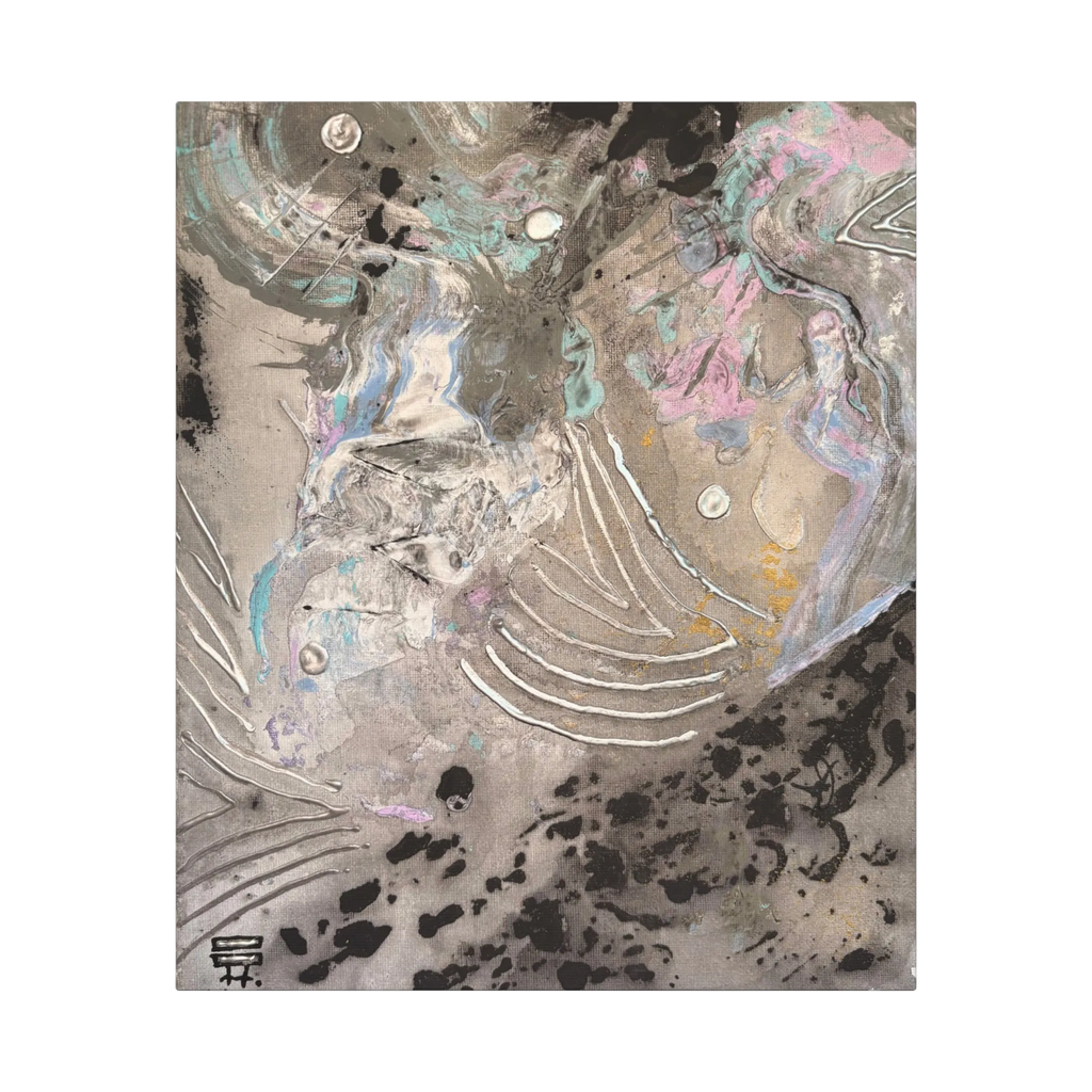 The Front view of the “Ink Cloud” Abstract Canvas Wall Art by FREEBRD stretched over a FSC-certified 1.25" frame, showcasing teal, grey, black, gold ochre and silver.