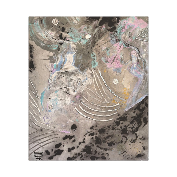 The Front view of the “Ink Cloud” Abstract Canvas Wall Art by FREEBRD stretched over a FSC-certified 1.25" frame, showcasing teal, grey, black, gold ochre and silver.