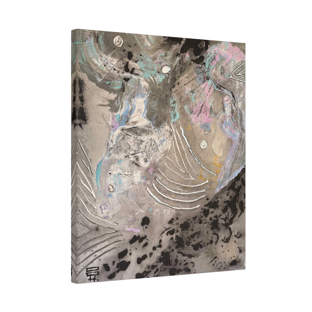The side view of the “Ink Cloud” Abstract Canvas Wall Art by FREEBRD stretched over a FSC-certified 1.25”  frame, showcasing teal, grey, black, gold ochre and silver.
