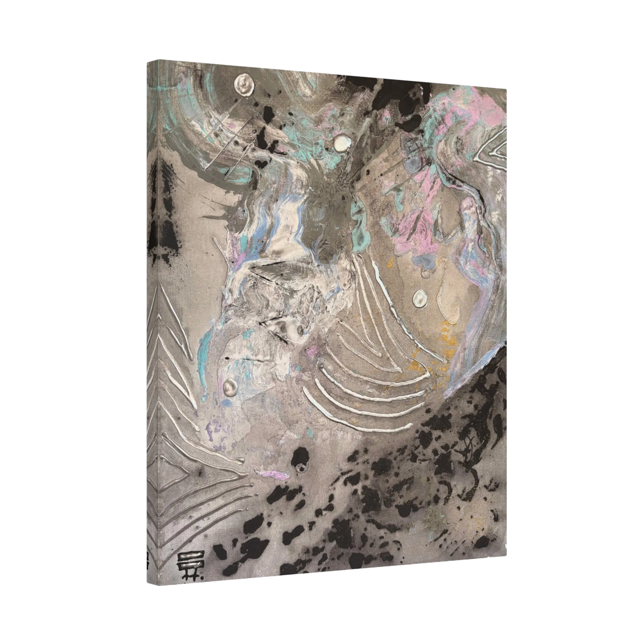 The side view of the “Ink Cloud” Abstract Canvas Wall Art by FREEBRD stretched over a FSC-certified 1.25”  frame, showcasing teal, grey, black, gold ochre and silver.