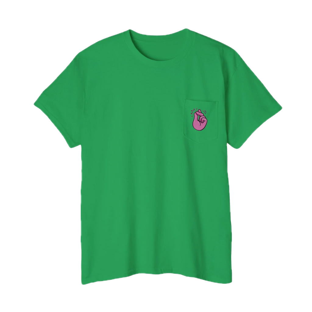A FREEBRD Irish green classic cotton pocket t-shirt with a baby pink cartoon finger-snap Clock It graphic printed on the front chest pocket.