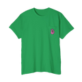 A FREEBRD Irish green classic cotton pocket t-shirt with a baby pink cartoon finger-snap Clock It graphic printed on the front chest pocket.