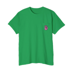 A FREEBRD Irish green classic cotton pocket t-shirt with a baby pink cartoon finger-snap Clock It graphic printed on the front chest pocket.